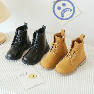 英伦风复古儿童皮靴2024秋季新款男童女童马丁靴单里平跟高帮皮鞋