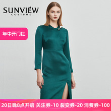 尚约醋酯纤维绿色连衣裙女装 中长袖 脖颈吊带装 饰2024新款 SUNVIEW