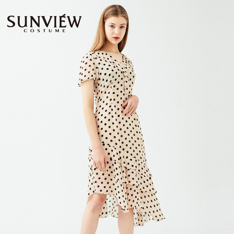 sunview/尚约黄底黑波点连衣裙短袖v领小领巾女装群时尚桑蚕丝