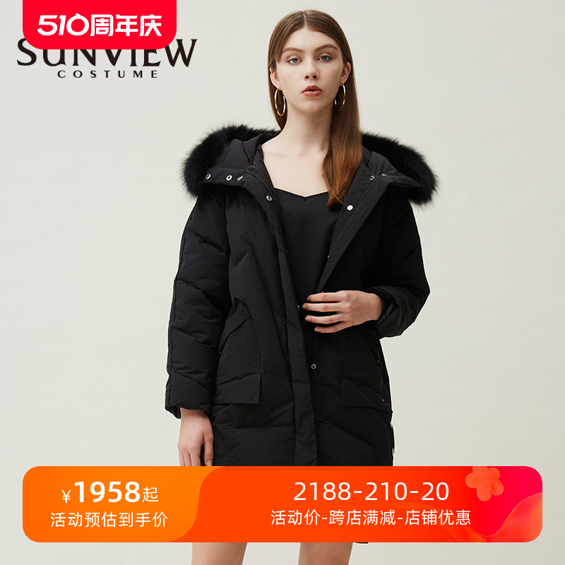 SUNVIEW/尚约羽绒服韩版黑色狐狸毛领修身减龄中长款外套有毛领