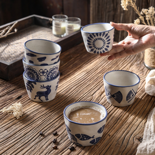 猪口杯青花手绘粗陶手握杯日式复古拉花杯陶瓷侘寂风咖啡杯澳白杯