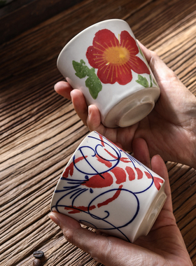 手绘花卉澳白杯日式粗陶杯复古咖啡杯热美式拿铁杯文艺小众手握杯