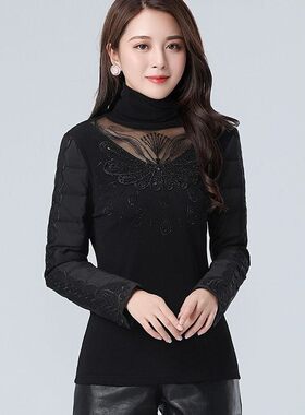 羽绒棉袖打底衫女冬短款蕾丝加绒加厚内搭配皮草马甲的高领小衫厚