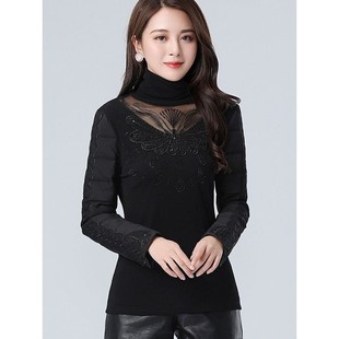 羽绒棉袖打底衫女冬短款蕾丝加绒加厚内搭配皮草马甲的高领小衫厚