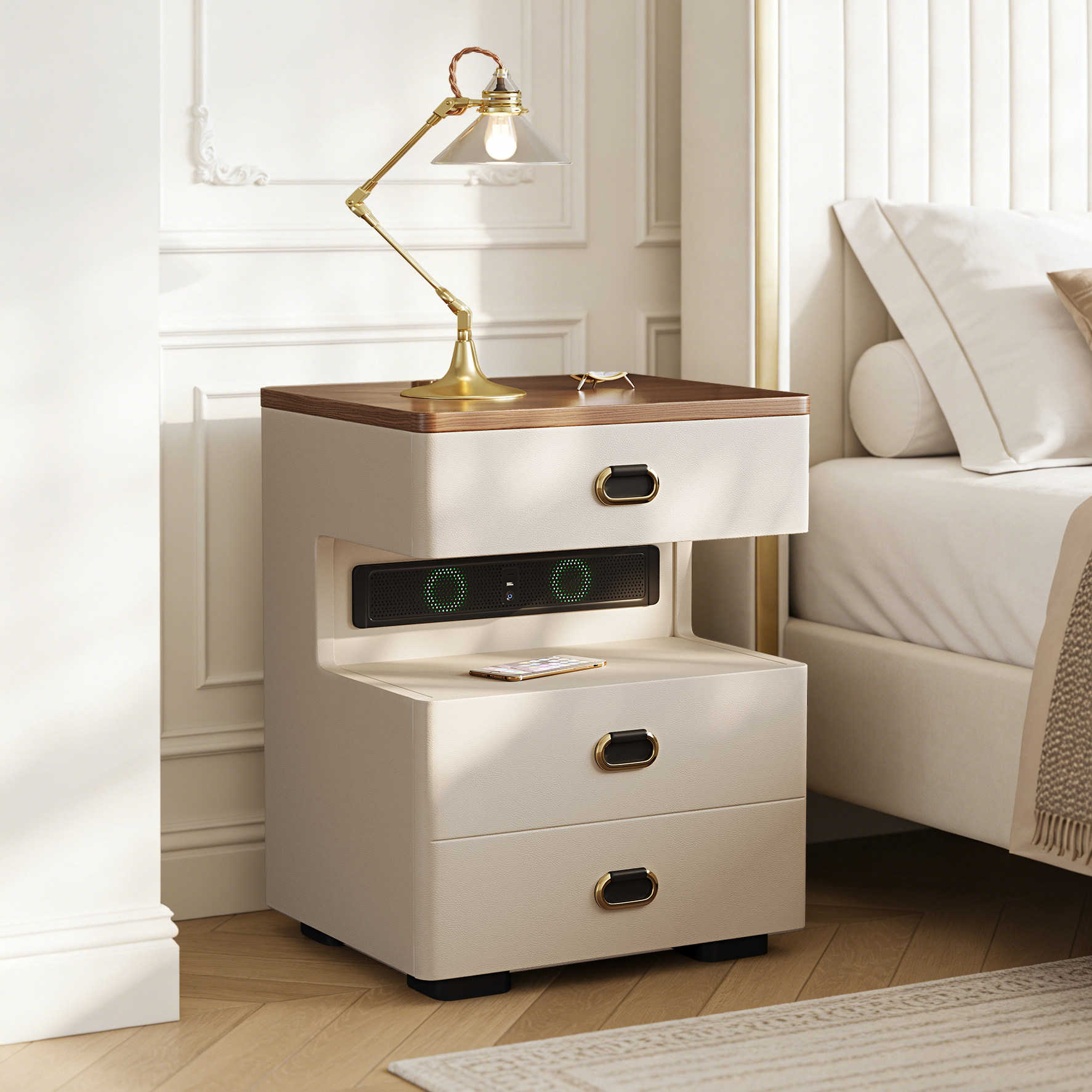全实木床头柜保险柜一体隐形智能防盗家用轻奢蓝牙音响小型保险箱
