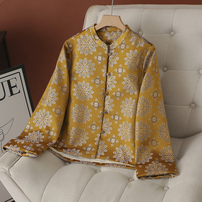 2025新中式太阳花秋季金色复古流行爆款提花外套盘扣上衣