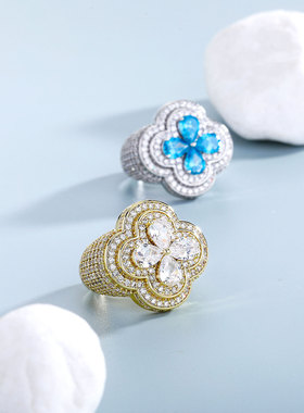 欧美微镶锆石四叶花朵戒指嘻哈男