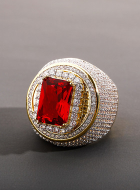 欧美爆款男士满锆石红宝石戒指夸