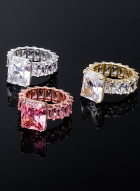 欧美嘻哈女款方形钻戒指真金电镀