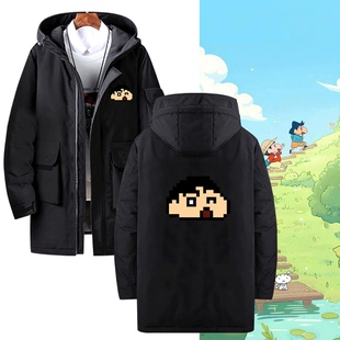 蜡笔小新动漫周边像素风卡通马赛克男女款可定制中长款带帽羽绒服