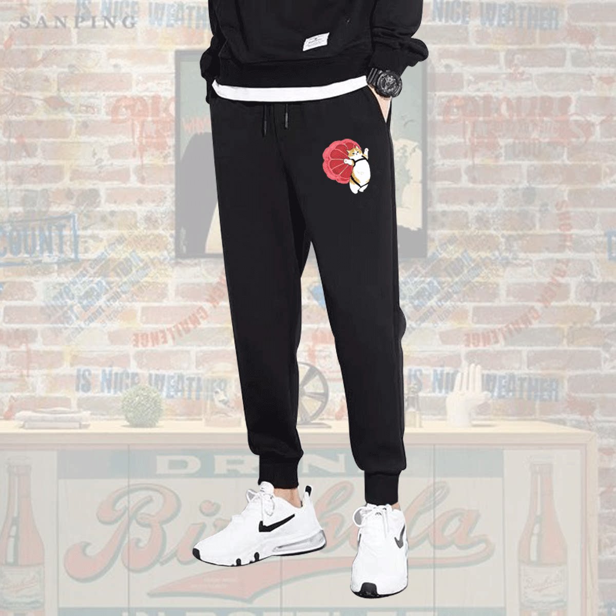 日系卡通可爱跳伞猫猫潮牌青少年秋冬男女情侣定制束口卫裤子长裤