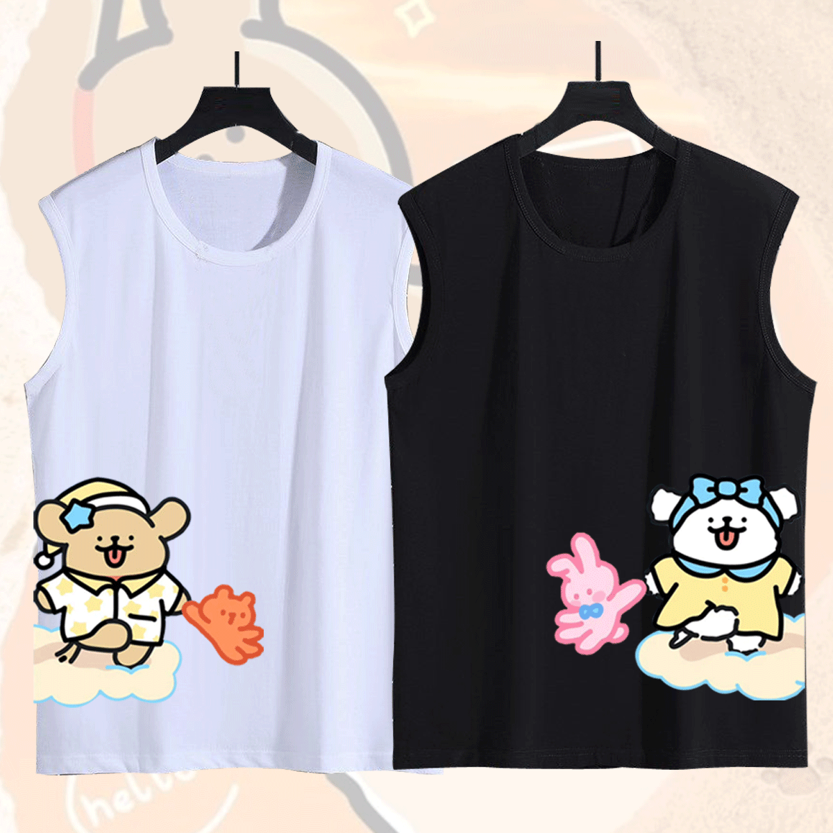 马尔济斯线条小狗周边无袖T恤衫男女情侣夏季纯棉宽松百搭潮背心