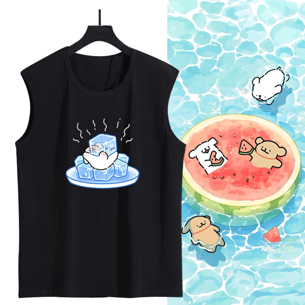 线条小狗卡通可爱印花图案男女情侣可定制夏季无袖T恤衫坎肩背心