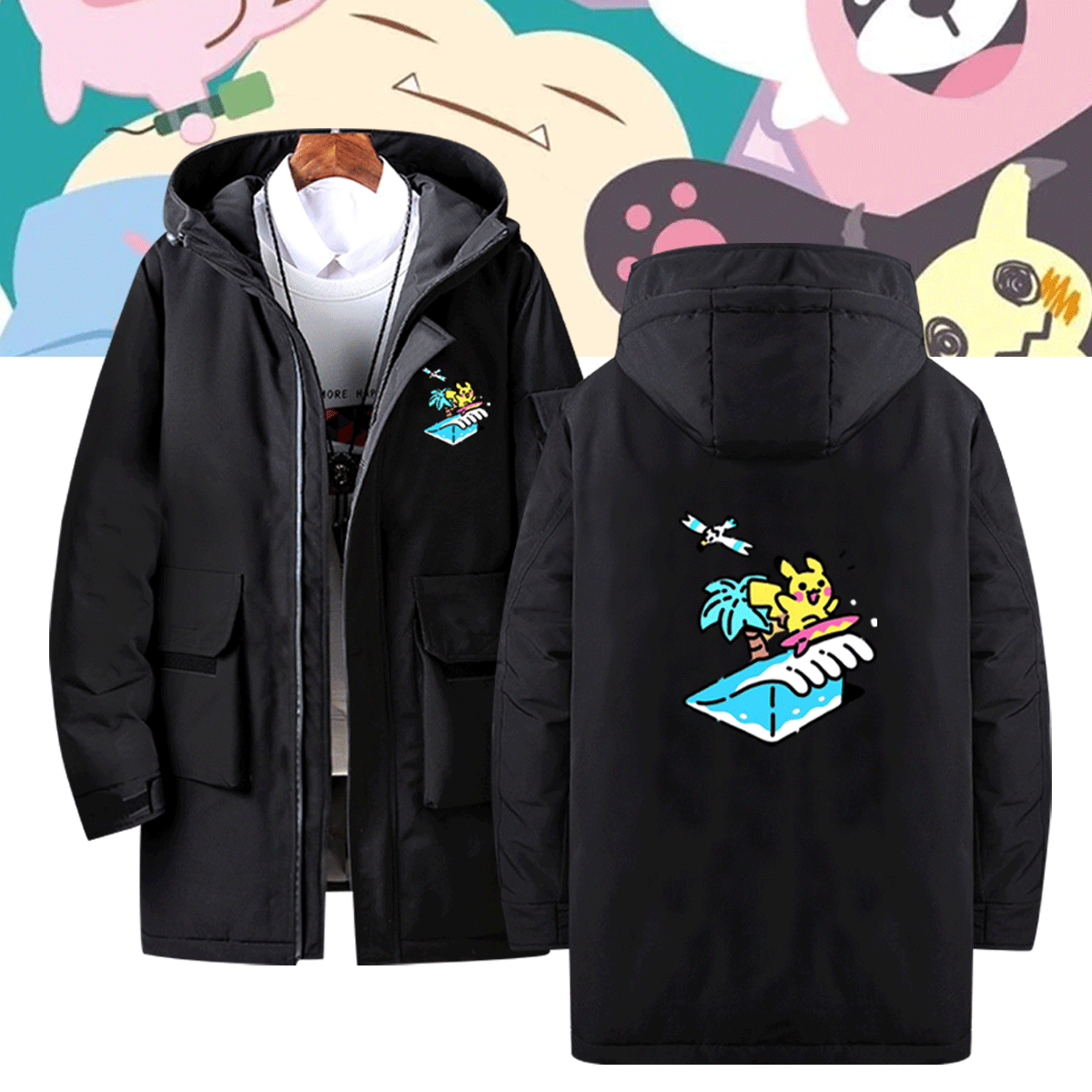 宝可梦联名男女秋冬季闪电鸟喷火龙衣服神奇宝贝定制中长款羽绒服