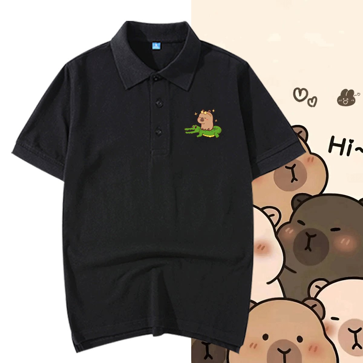 夏季2025新款卡皮巴拉周边可爱卡通男女可定制短袖T恤纯棉POLO衫