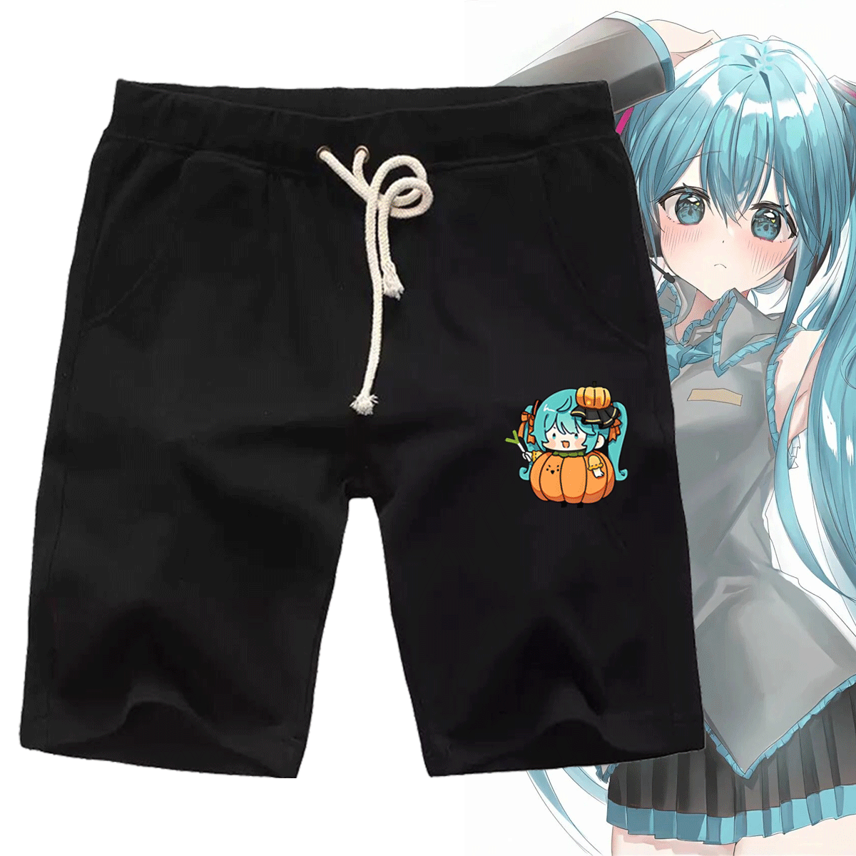 初音未来联名男女情侣夏卡通Q版miku动漫周边可定制五分运动短裤