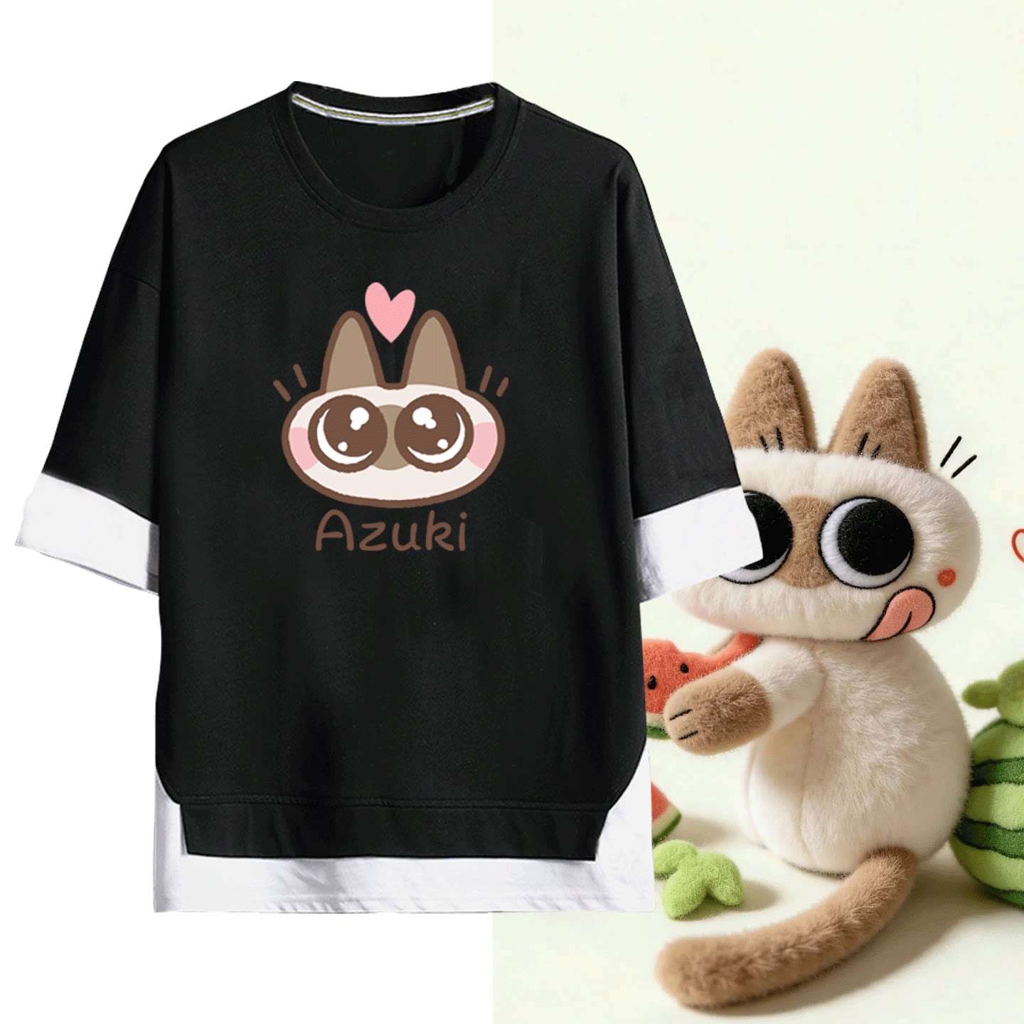 男可定制短袖T恤衫假两件暹罗猫小豆泥卡通猫咪周边卡通可爱情侣