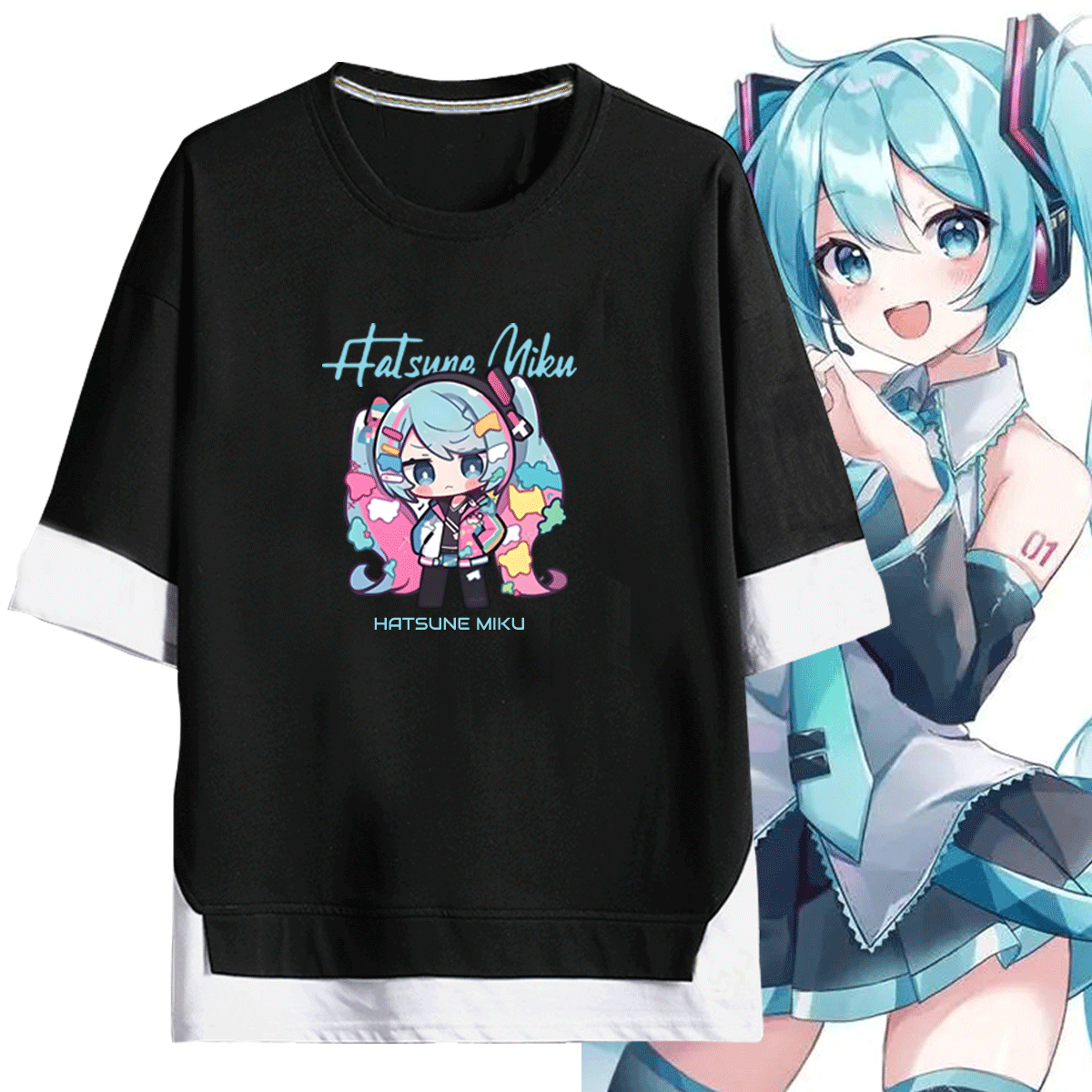 初音联名周边未来MIKU痛衣二次元男女纯棉假两件可定制短袖T恤衫