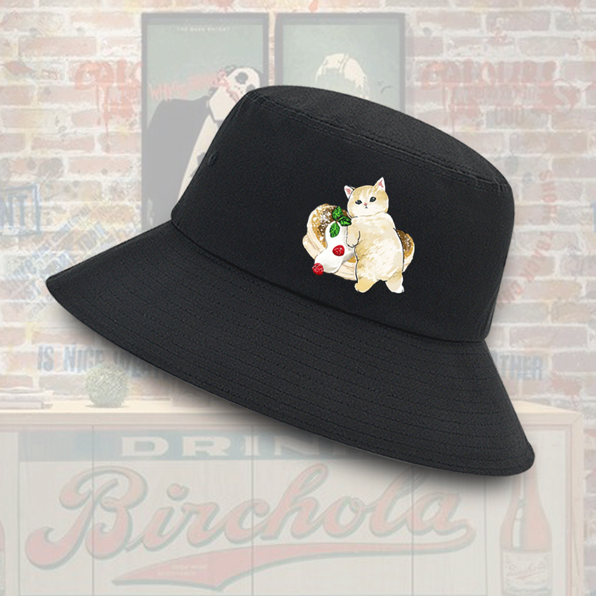 日系可爱卡通猫咪Q版联名潮牌情侣夏季男女定制防晒盆帽渔夫帽子