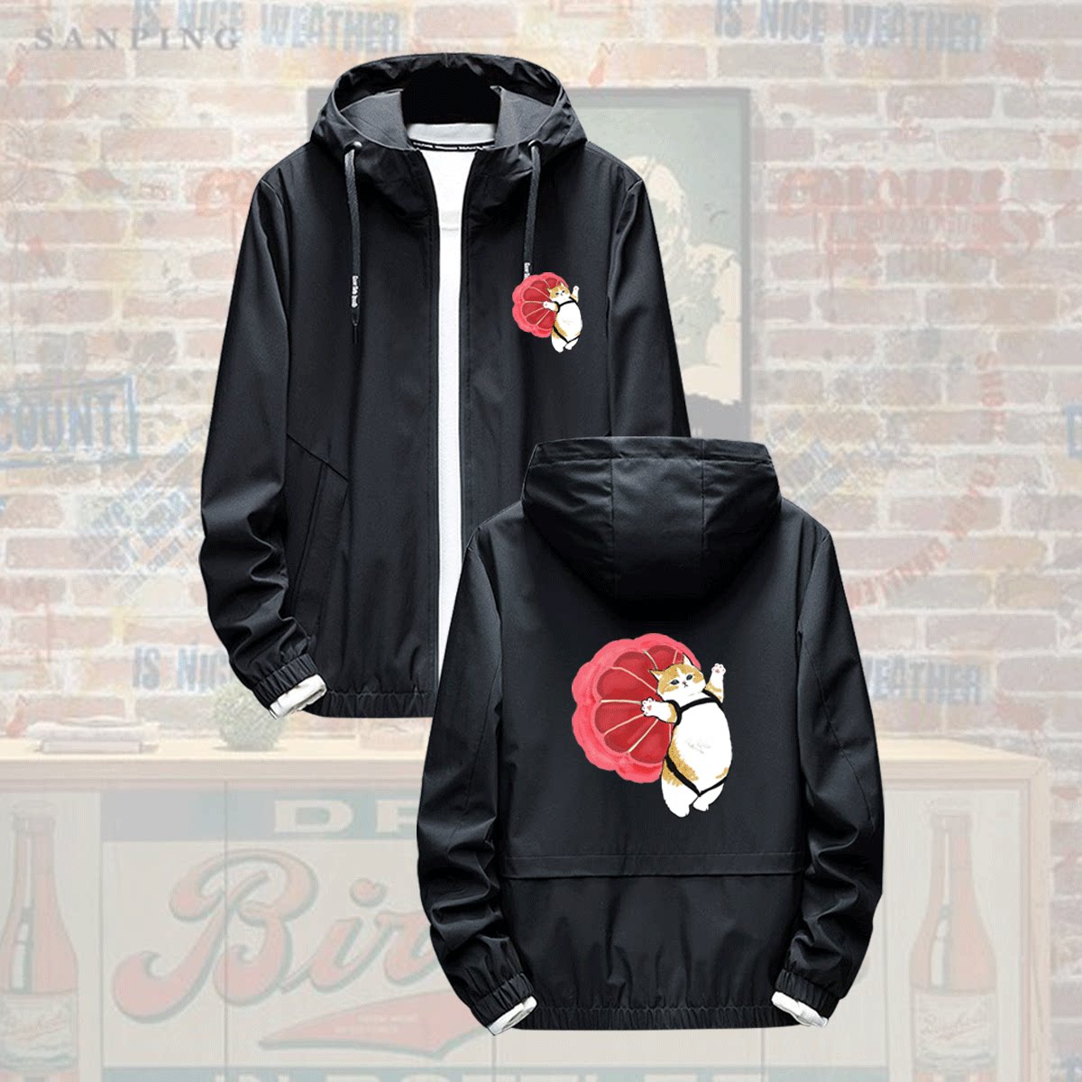 日系卡通可爱跳伞猫猫潮牌青少年秋冬男女情侣定制带帽夹克服外套