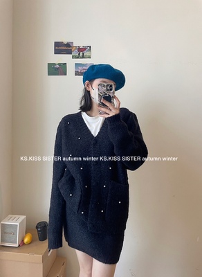 正品KS.KISS SISTER慵懒风毛衣V领针织衫+新款高级感半身裙套装
