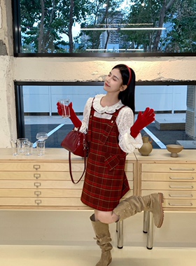 新年装法式复古花边蕾丝打底衫气质内搭喇叭袖+格子毛呢背心裙