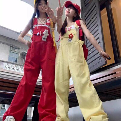 美式多巴胺牛仔背带裤女夏2025新款小个子韩系可爱宽松直筒阔腿裤