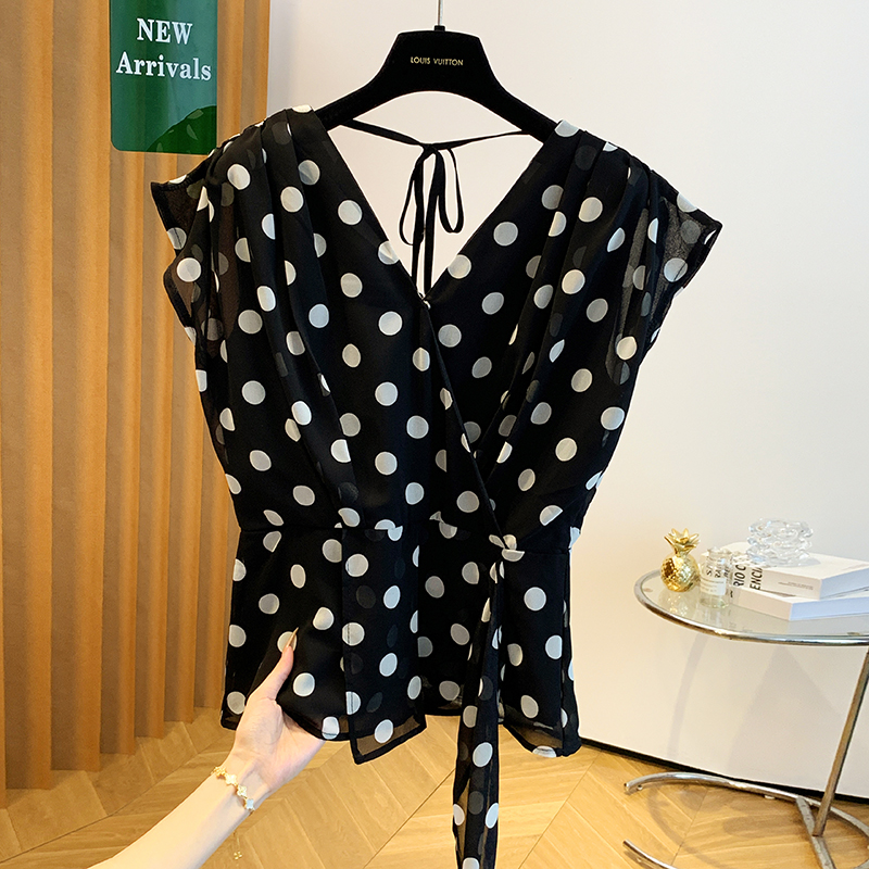 实拍 现货 露背波点v领无袖网纱背心女夏季款洋气百搭衬衣上衣