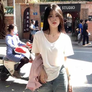 女 纯白夏装 短袖 休闲T恤上衣2024新款 纯色v领正肩宽松百搭显瘦短袖