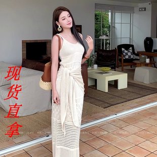 显瘦背心长裙 韩国东大门气质镂空V领冰丝针织吊带连衣裙女夏修身