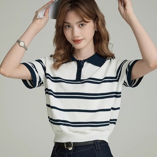 叙境条纹雅韵条纹针织短袖 女上衣 t恤女2025夏季 设计感polo衫