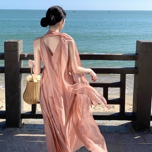 如风柔美 实拍静奢风 飘带挂脖气质女神范长裙宽松简约连衣裙