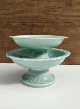 景德镇陶瓷高档龙泉窑水果摆盘 佛前供奉莲花托盘 青釉高脚果盘子