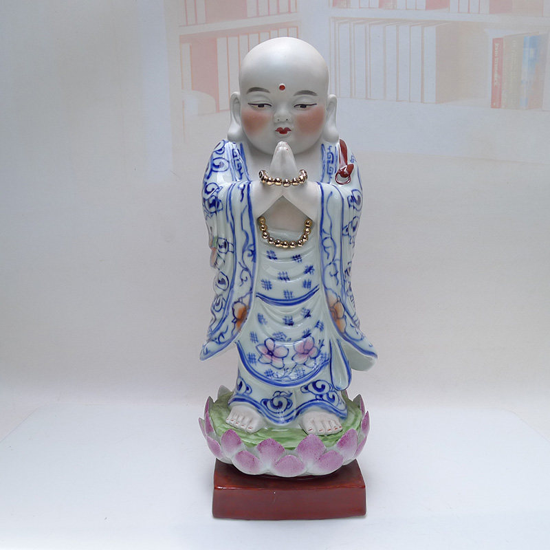 景德镇雕塑瓷 镇宅风水摆件 陶瓷弥勒佛和尚 青花斗彩站莲罗汉