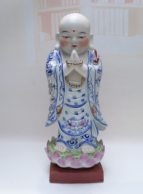 景德镇雕塑瓷 镇宅风水摆件 陶瓷弥勒佛和尚 青花斗彩站莲罗汉