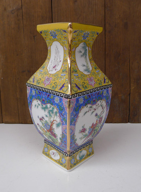 仿古陶瓷花瓶 仿清乾隆雍正珐琅彩客厅书房摆件 粉彩花鸟四方赏瓶