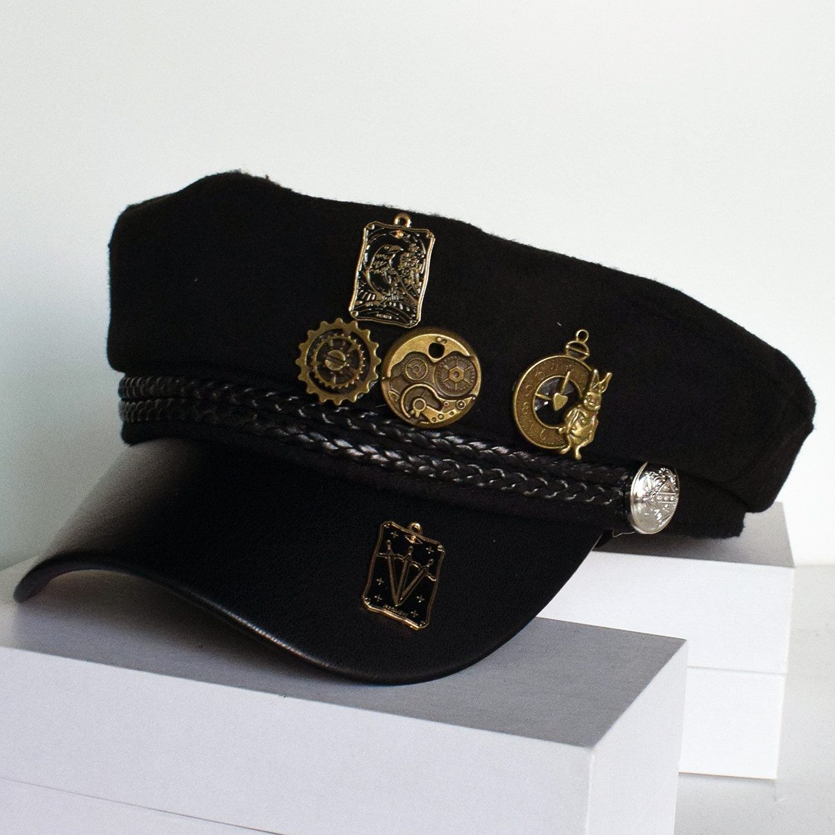 复古机车海军帽男女冬季黑色金属装饰贝雷帽街头潮流帽子