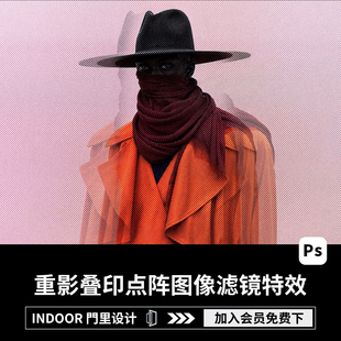 潮流复古抽象艺术重影叠印半调点阵网点人图像滤镜Ps特效样机模板