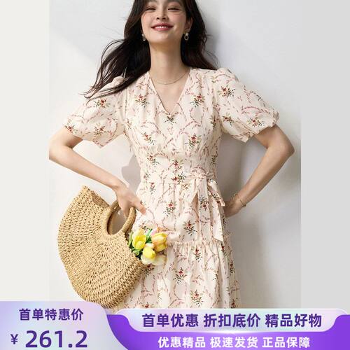 夏法式甜美复古领泡泡袖茶歇裙