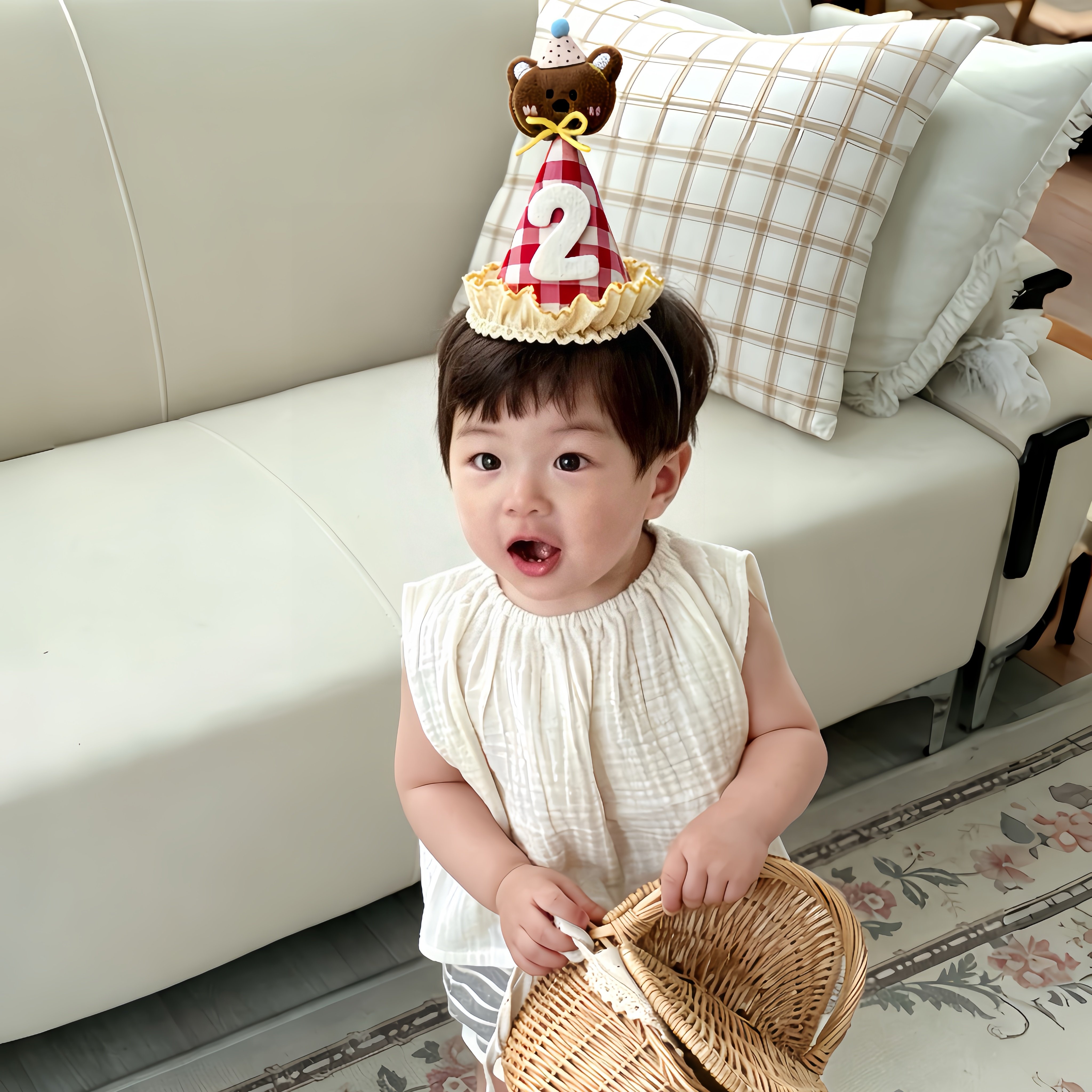网红格子熊男女孩儿童周岁宝宝派对头饰生日装饰帽子发箍场景布置