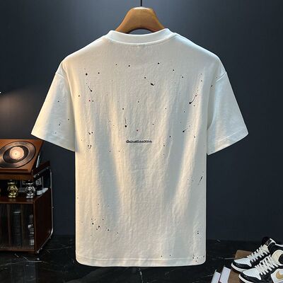 高端字母刺绣白色t恤男2025新款夏季潮流圆领短袖宽松衣服ins上衣