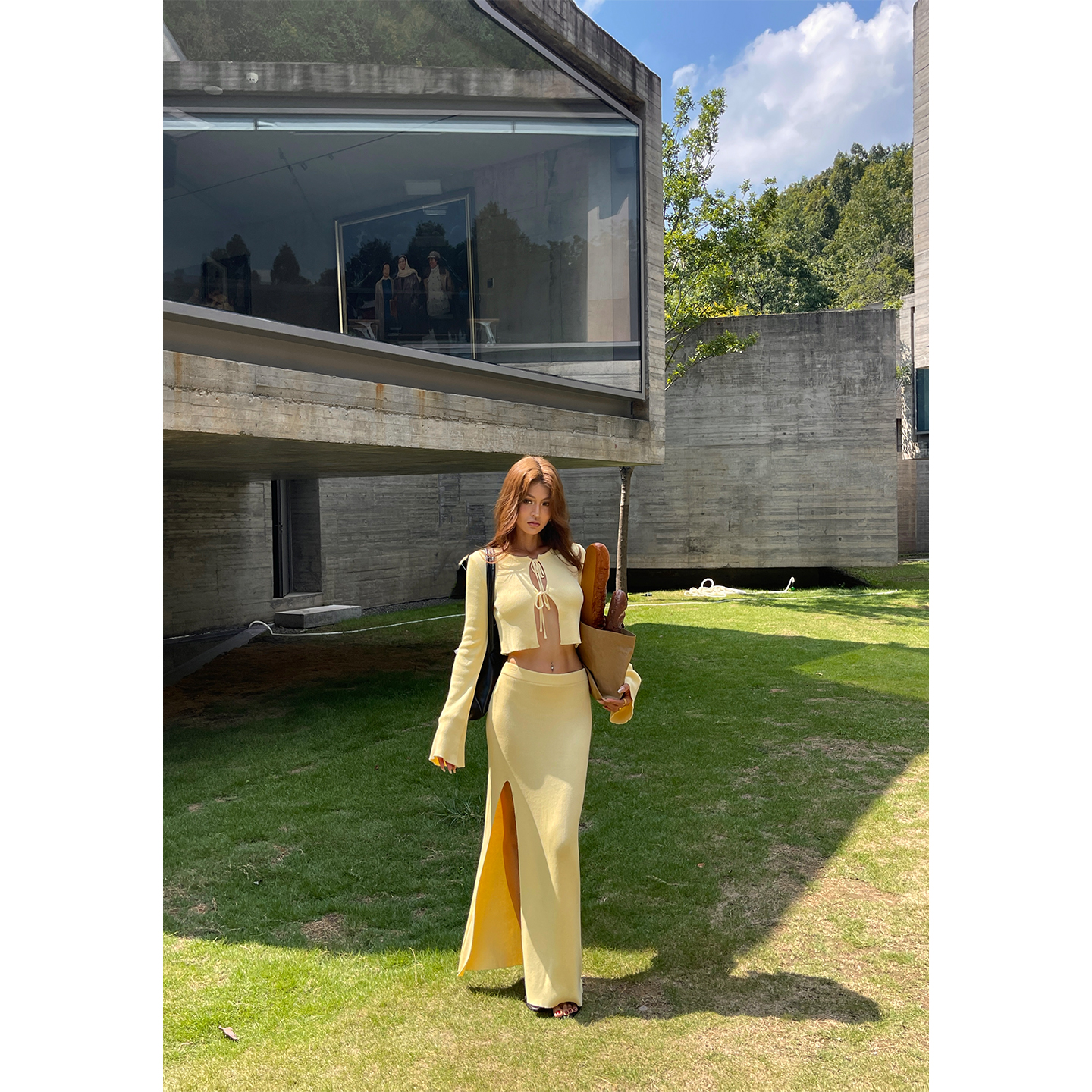 井也 性感辣妹针织喇叭长袖开衫+开叉高腰半身裙套装女秋季新款