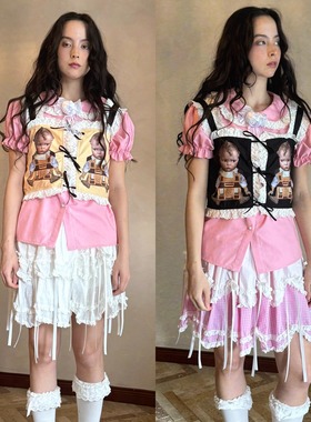 daytoday日常研究所 童话屋 可爱娃娃印花花边蝴蝶结马甲背心