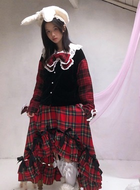 daytoday日常研究所 可爱的诗 红格子拼接圣诞短外套丝绒蝴蝶结