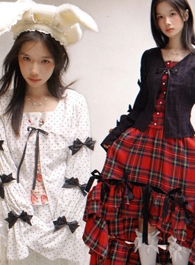 daytoday日常研究所 生日快乐 波点红格拼接印花收身长袖衬衫