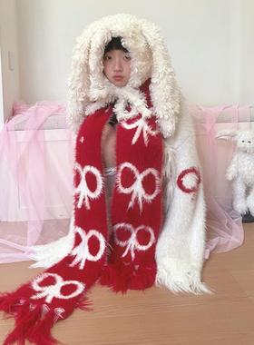 daytoday日常研究所 可爱的诗 蝴蝶结提花长毛流苏红白圣诞节围巾