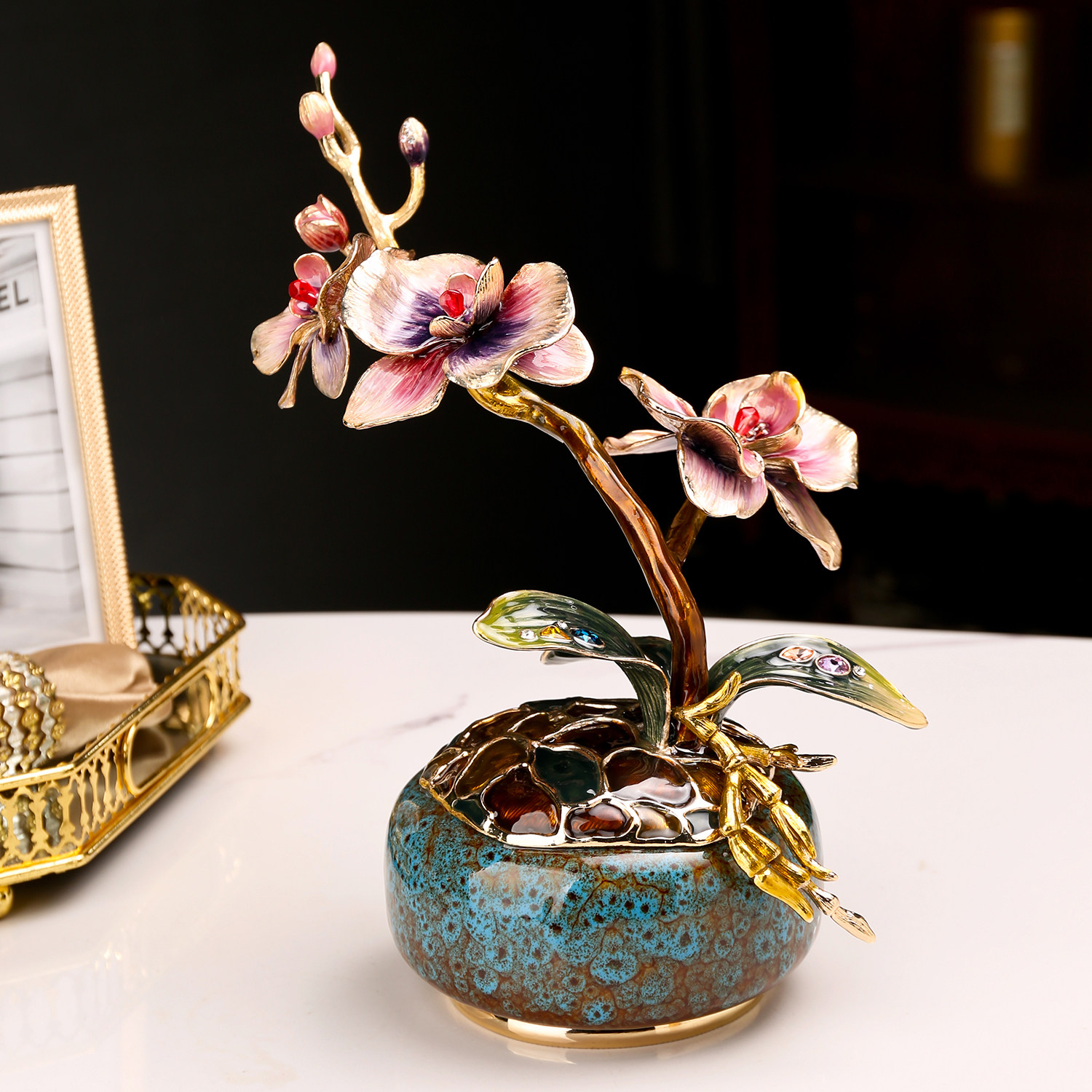 珐琅彩高级蝴蝶兰摆件客厅电视柜酒柜艺术装饰品搬家乔迁新居礼品