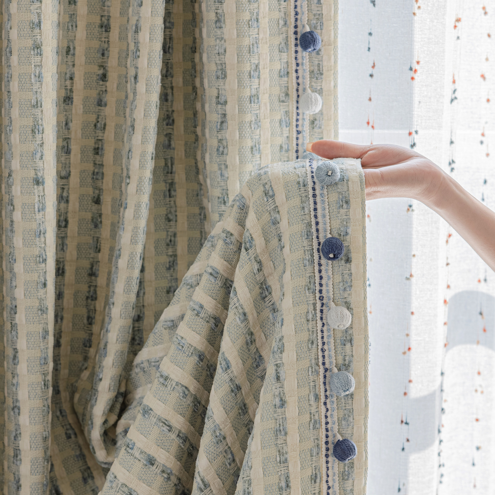 多巴胺清新蓝色新款男孩女孩儿童房卧室客厅雪尼尔半遮光窗帘定制