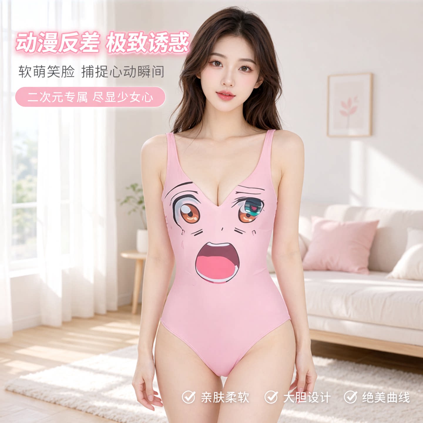 日系动漫风粉色笑脸连体泳衣