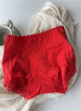 秋冬款外贸女士大红色纯棉内裤收腹提臀蕾丝大码高棉质结婚本命年